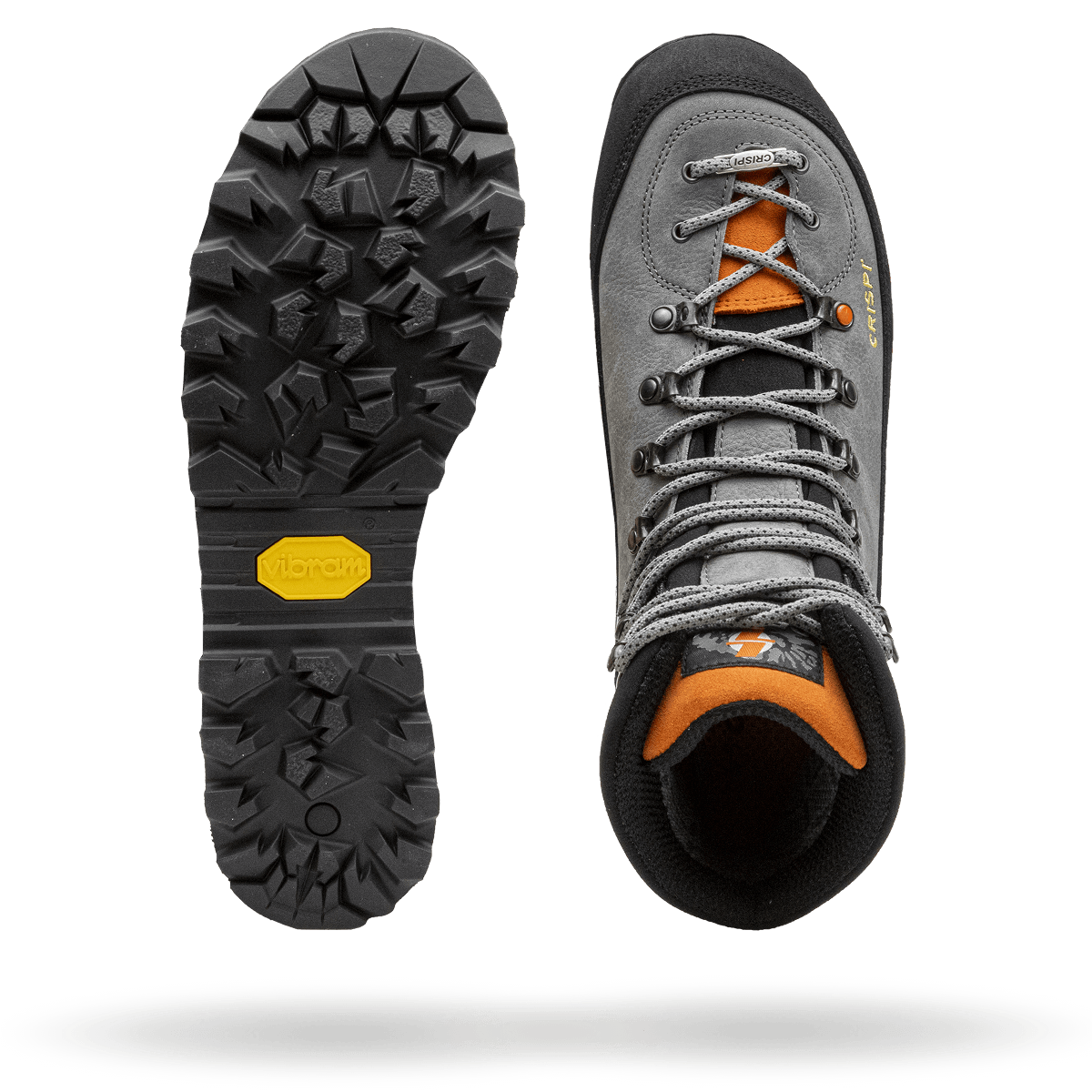 Crispi Lapponia III grey boot Vibram Megagrip outsole tread and top-down view of the upper