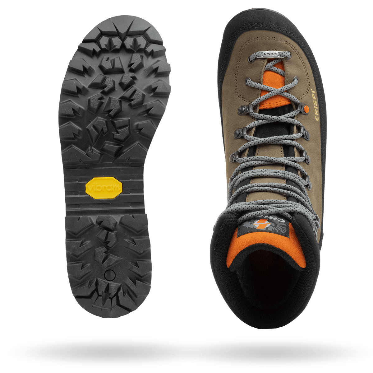 Crispi Lapponia III hazelnut boot Vibram Megagrip outsole tread and top-down view of the upper