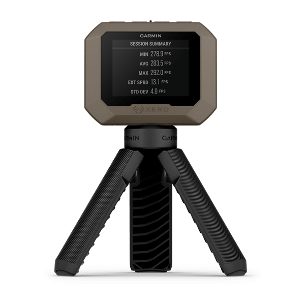 Garmin Xero C1 Pro chronograph showing the session summary with minimum, average and maximum speeds