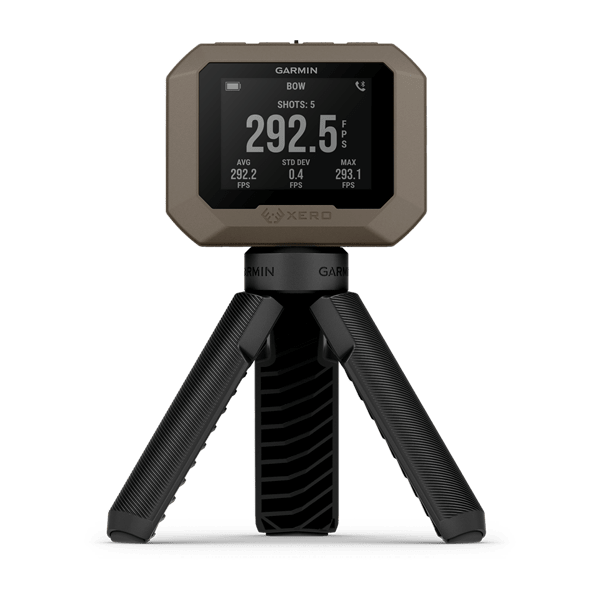 Garmin Xero C1 Pro chronograph on its tripod showing a bow session speed readout