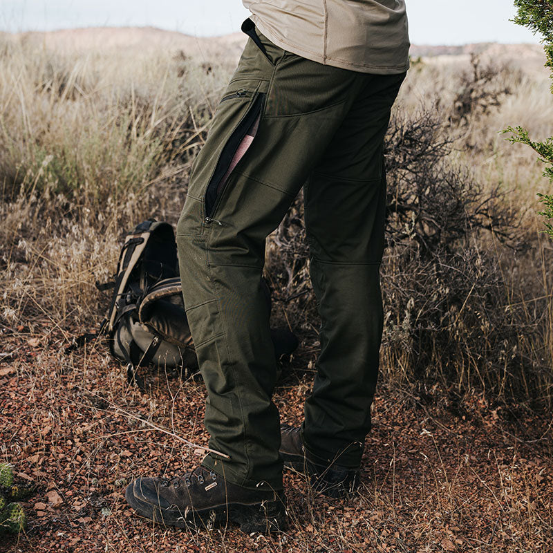 Stone Glacier Praxis Pant, Tongass, worn in the field with thigh vent open