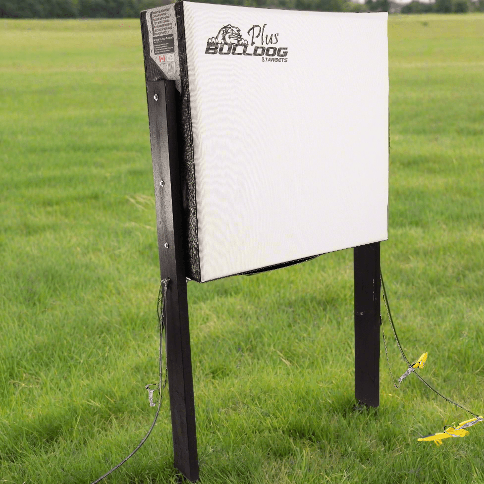 RangeDog PLUS archery target on its outdoor stand in a field
