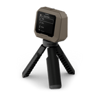 Angled view of the Garmin Xero C1 Pro on its tripod with the bow, rifle and pistol mode menu on screen