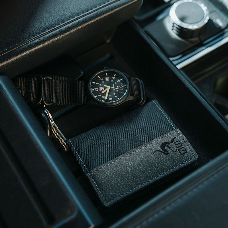 Stone Glacier Sawbuck Wallet, Graphite, everyday carry in a vehicle console