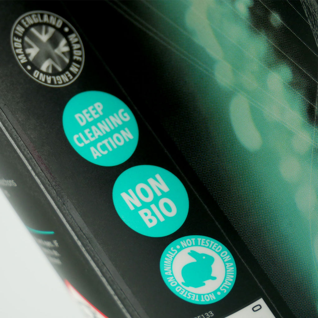 Close-up of the Active Wash label showing deep cleaning action and non-bio formulation