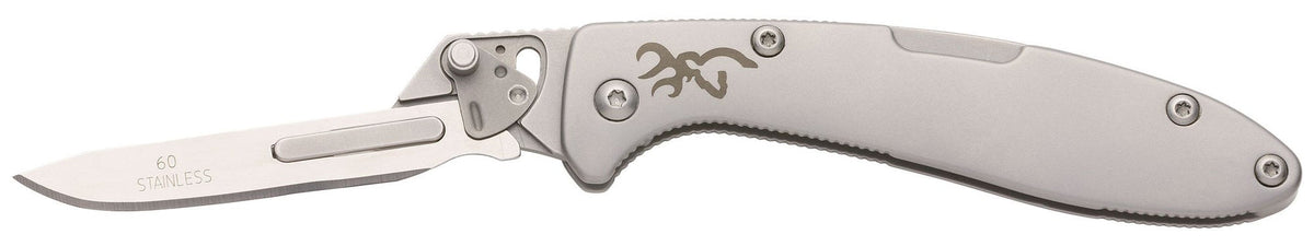 Browning Stainless Scalpel folding knife open with scalpel blade fitted