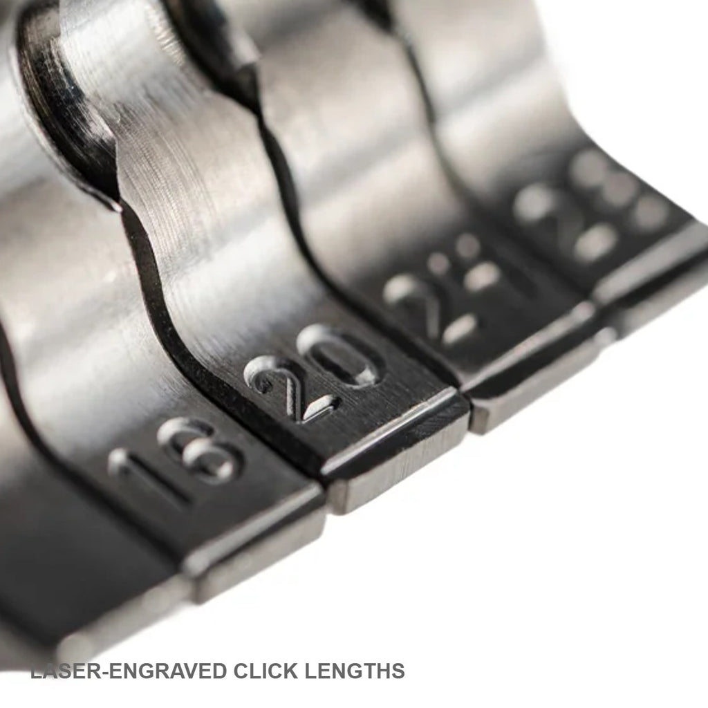 UV Hinge 3 Hooks - laser-engraved click length markings close-up