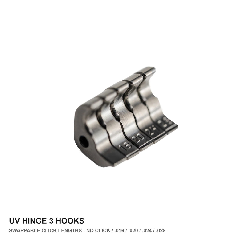 UV Hinge 3 Hooks - all five click lengths, labeled hero