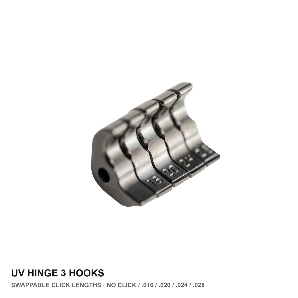 UV Hinge 3 Hooks - all five click lengths, labeled hero