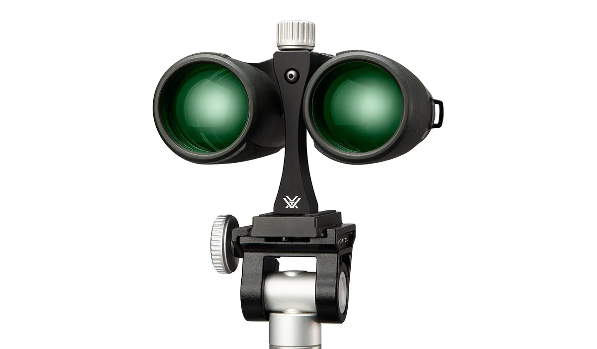 Vortex Pro Binocular Adapter mounted between a binocular and a tripod head