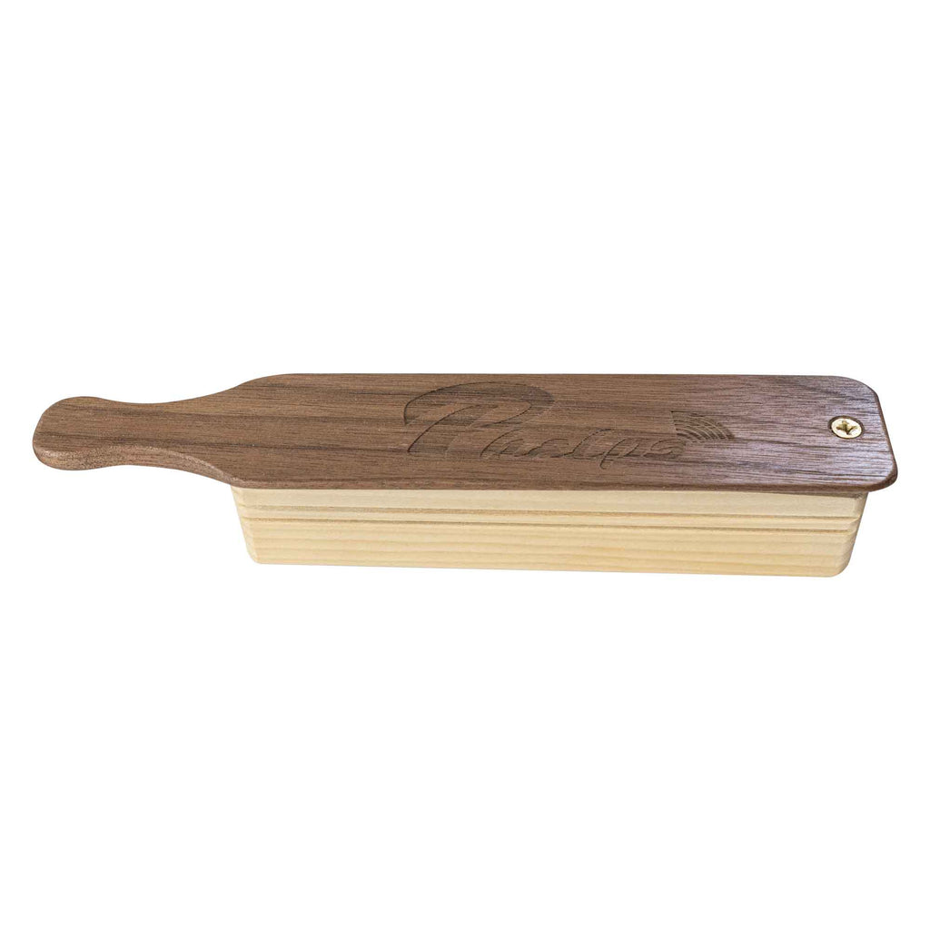 Side view of the Phelps walnut over poplar box call